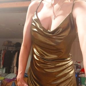 Venus gold ruched back strap dress